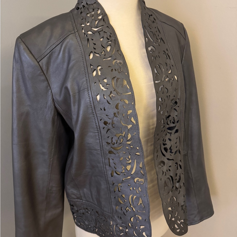 Pamela McCoy buttery soft leather Women's Gray Cut-Out Blazer